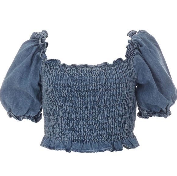 Levi's Retro 70s Smocked Denim Crop Top Blue Size Large Milkmaid - Picture 3 of 13